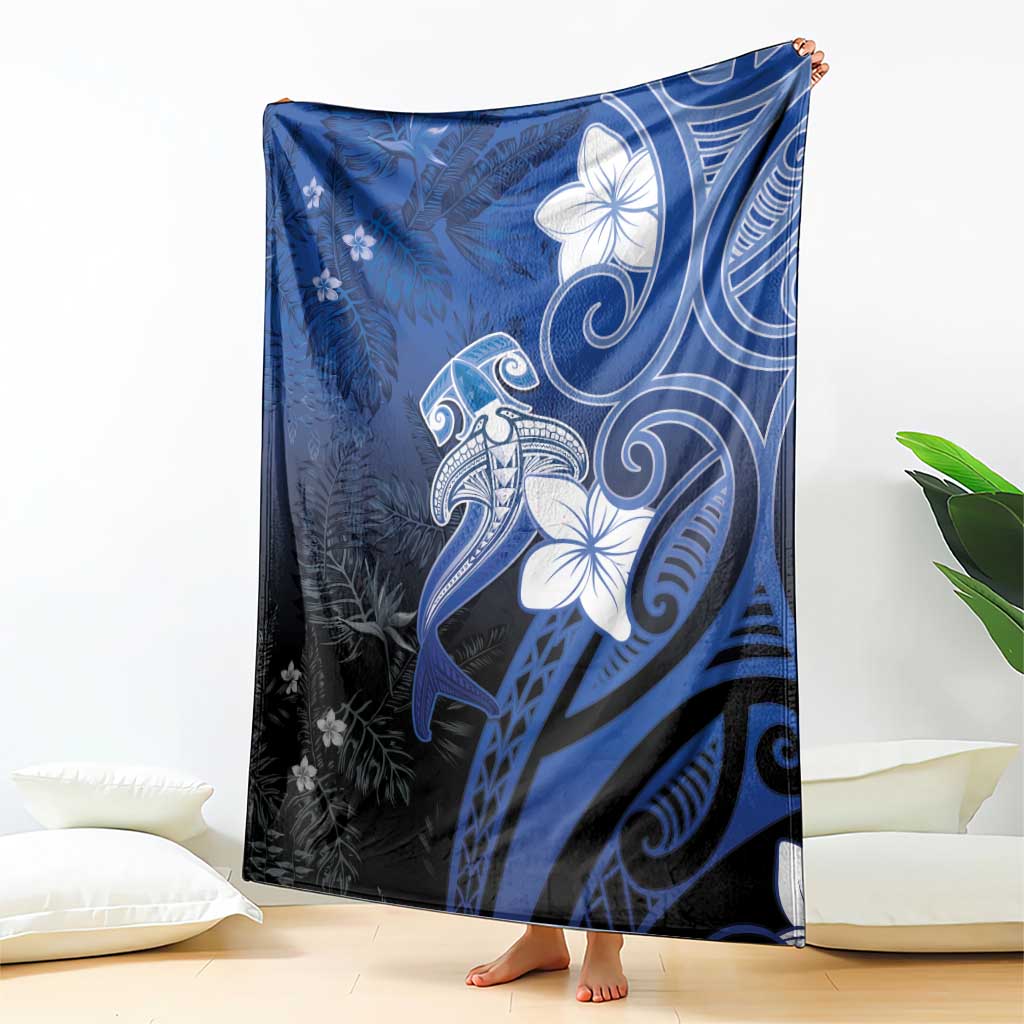 Polynesia Hammerhead Shark Blanket Blue Tribal Pattern With Plumeria - Polynesian Pride