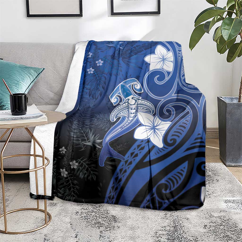 Polynesia Hammerhead Shark Blanket Blue Tribal Pattern With Plumeria - Polynesian Pride