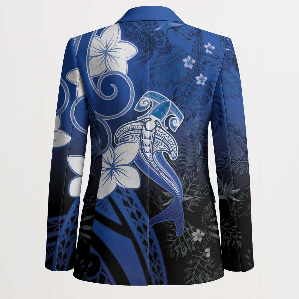 Polynesia Hammerhead Shark Blazer Blue Tribal Pattern With Plumeria - Polynesian Pride