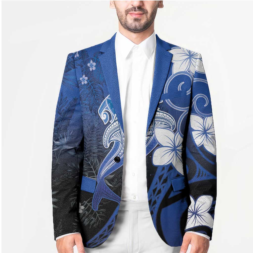 Polynesia Hammerhead Shark Blazer Blue Tribal Pattern With Plumeria - Polynesian Pride