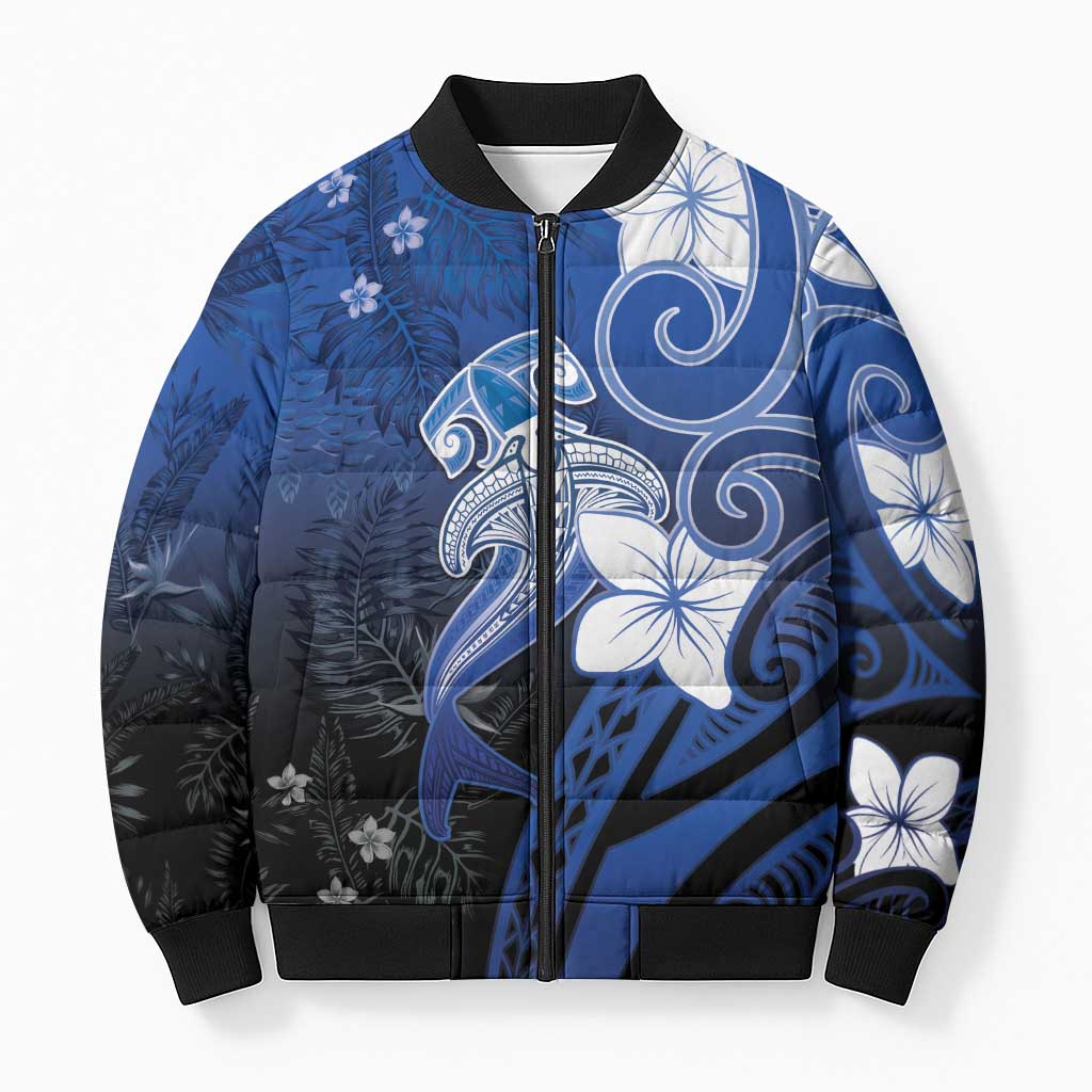 Polynesia Hammerhead Shark Bomber Puffer Jacket Blue Tribal Pattern With Plumeria LT05 Unisex Blue - Polynesian Pride