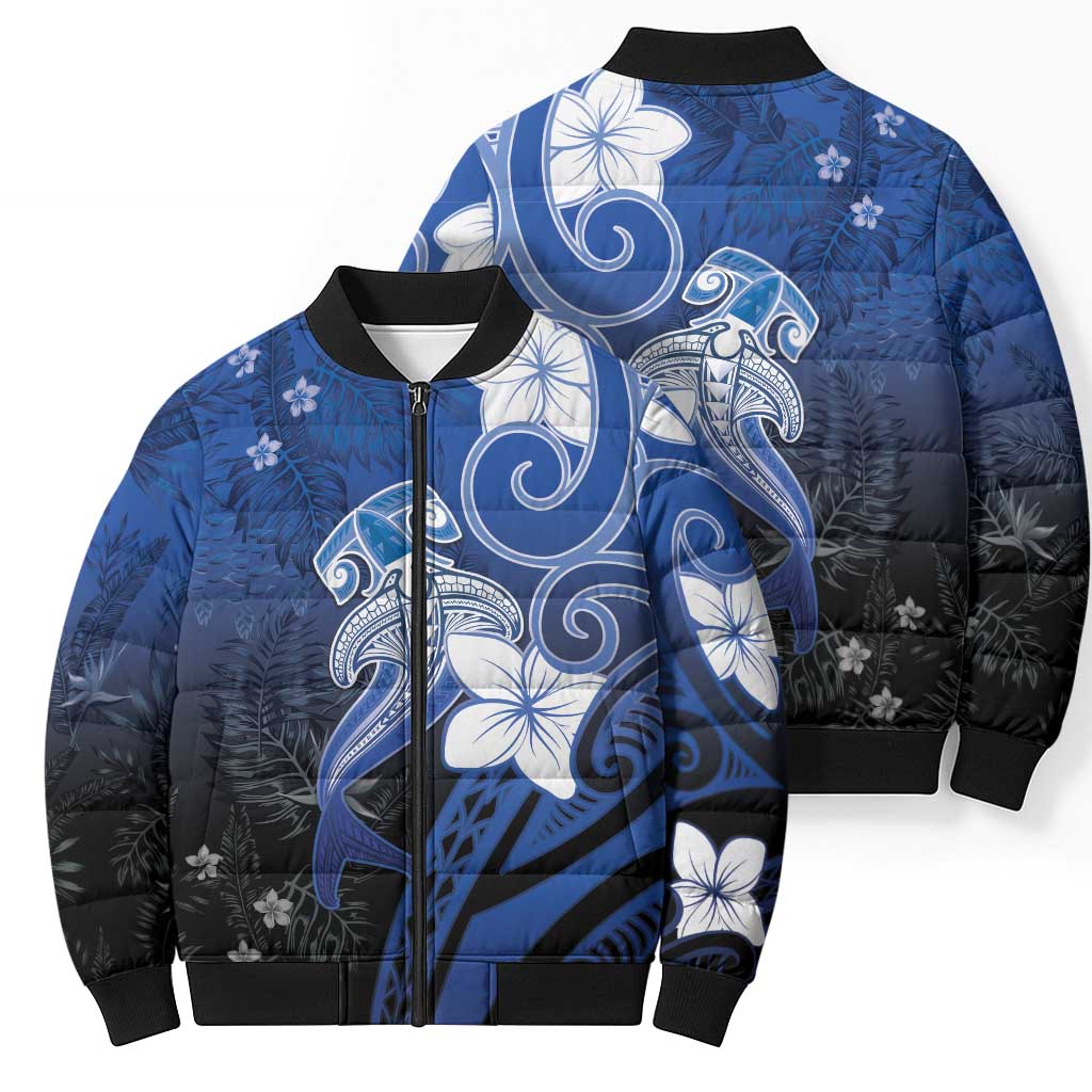Polynesia Hammerhead Shark Bomber Puffer Jacket Blue Tribal Pattern With Plumeria LT05 - Polynesian Pride