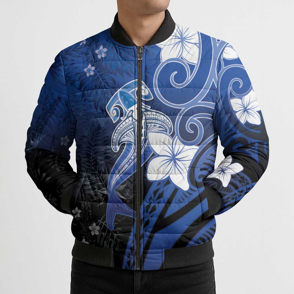 Polynesia Hammerhead Shark Bomber Puffer Jacket Blue Tribal Pattern With Plumeria LT05 - Polynesian Pride