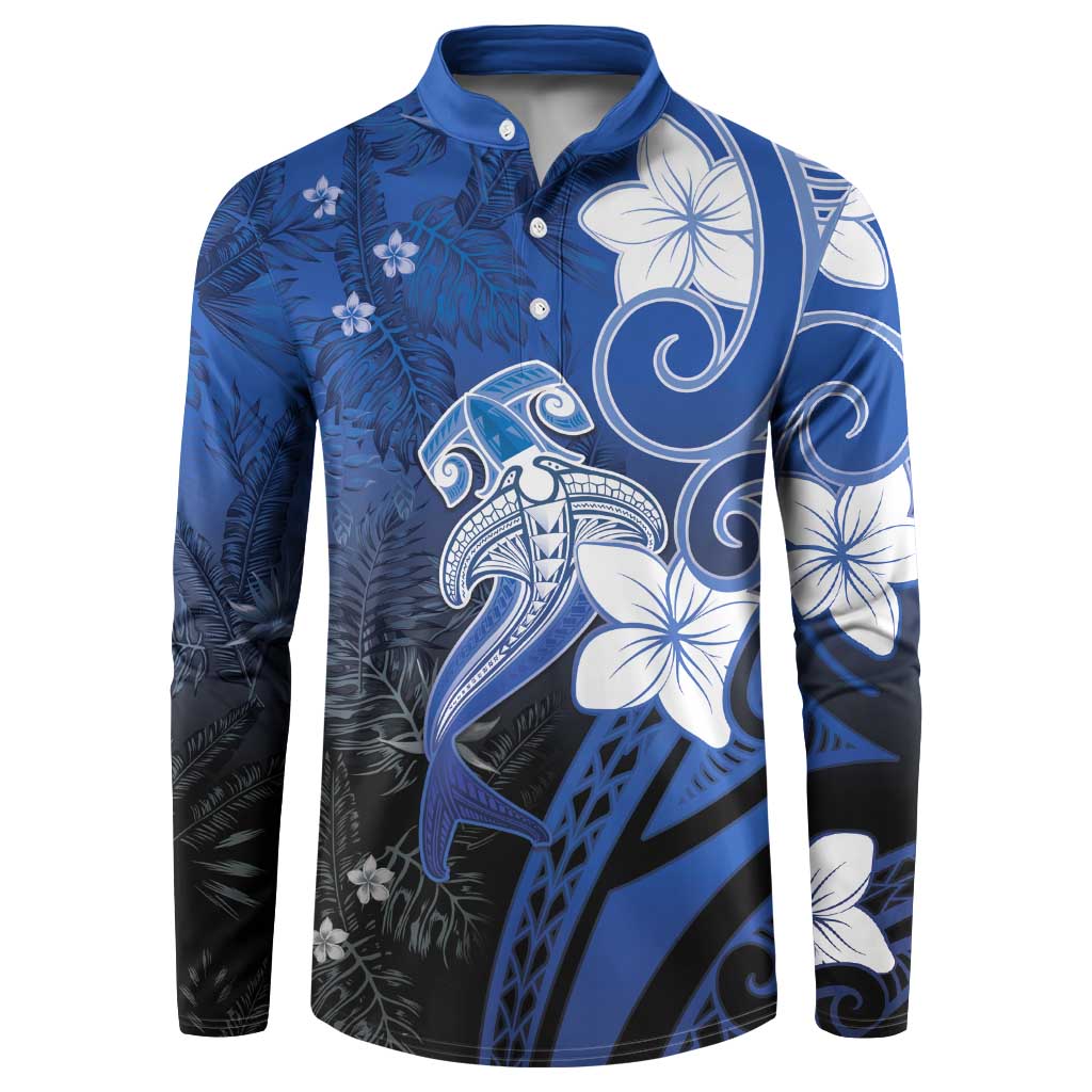 Polynesia Hammerhead Shark Button Sweatshirt Blue Tribal Pattern With Plumeria LT05 Blue - Polynesian Pride