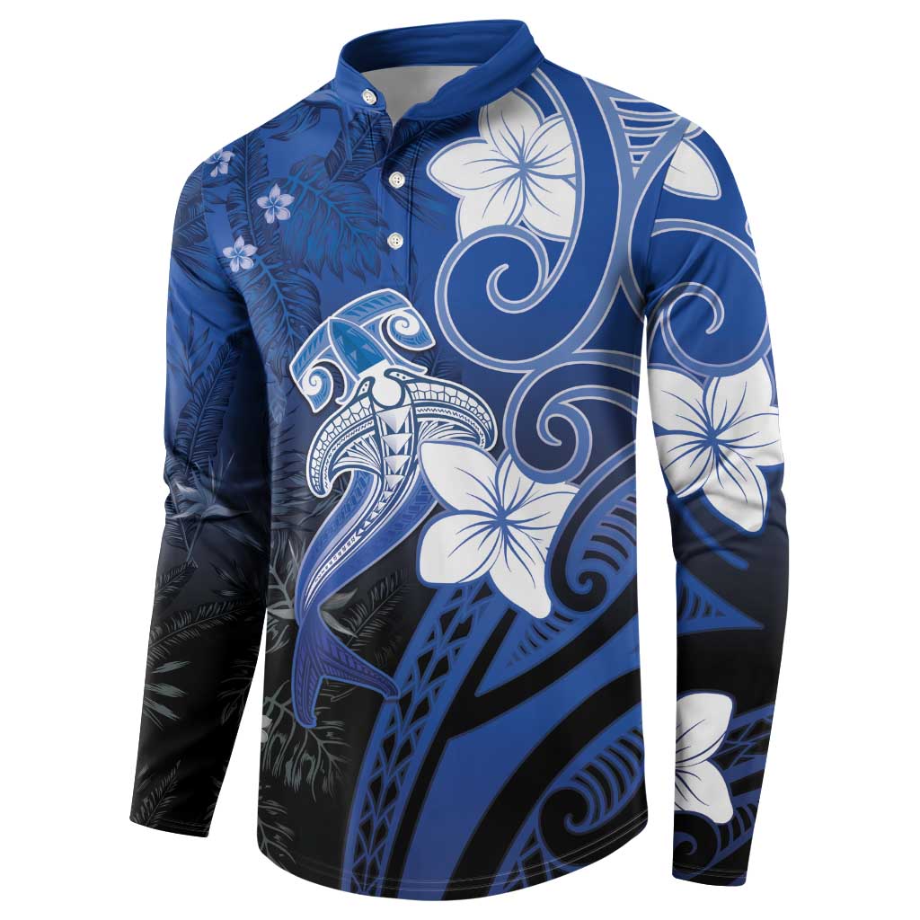 Polynesia Hammerhead Shark Button Sweatshirt Blue Tribal Pattern With Plumeria LT05 - Polynesian Pride
