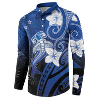 Polynesia Hammerhead Shark Button Sweatshirt Blue Tribal Pattern With Plumeria LT05 - Polynesian Pride