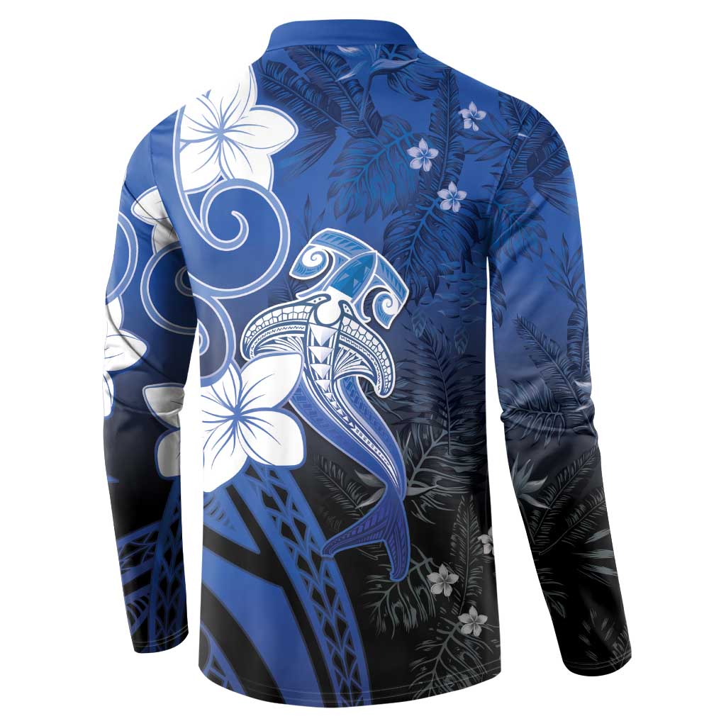 Polynesia Hammerhead Shark Button Sweatshirt Blue Tribal Pattern With Plumeria LT05 - Polynesian Pride