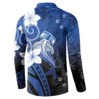 Polynesia Hammerhead Shark Button Sweatshirt Blue Tribal Pattern With Plumeria LT05 - Polynesian Pride