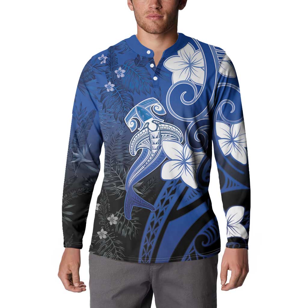 Polynesia Hammerhead Shark Button Sweatshirt Blue Tribal Pattern With Plumeria LT05 - Polynesian Pride