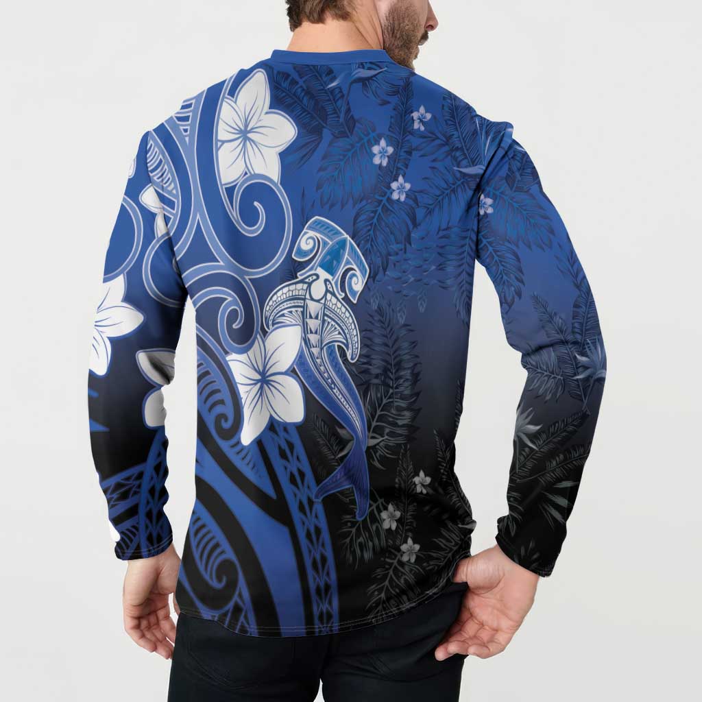Polynesia Hammerhead Shark Button Sweatshirt Blue Tribal Pattern With Plumeria LT05 - Polynesian Pride