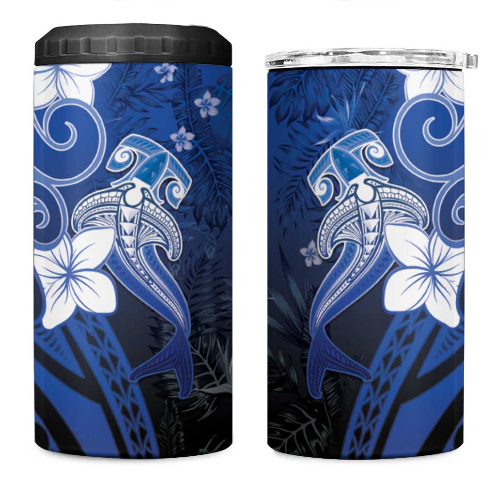 Polynesia Hammerhead Shark 4 in 1 Can Cooler Tumbler Blue Tribal Pattern With Plumeria - Polynesian Pride