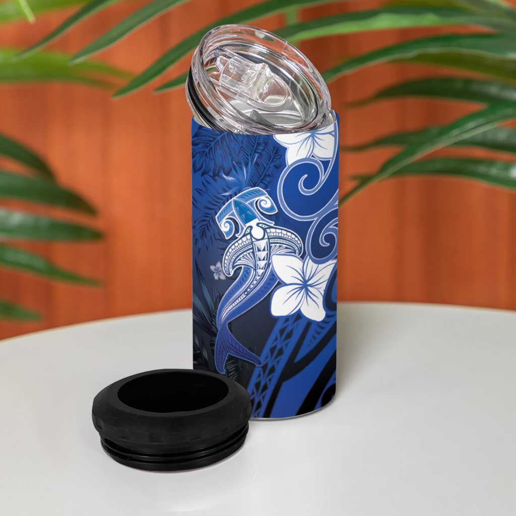 Polynesia Hammerhead Shark 4 in 1 Can Cooler Tumbler Blue Tribal Pattern With Plumeria - Polynesian Pride
