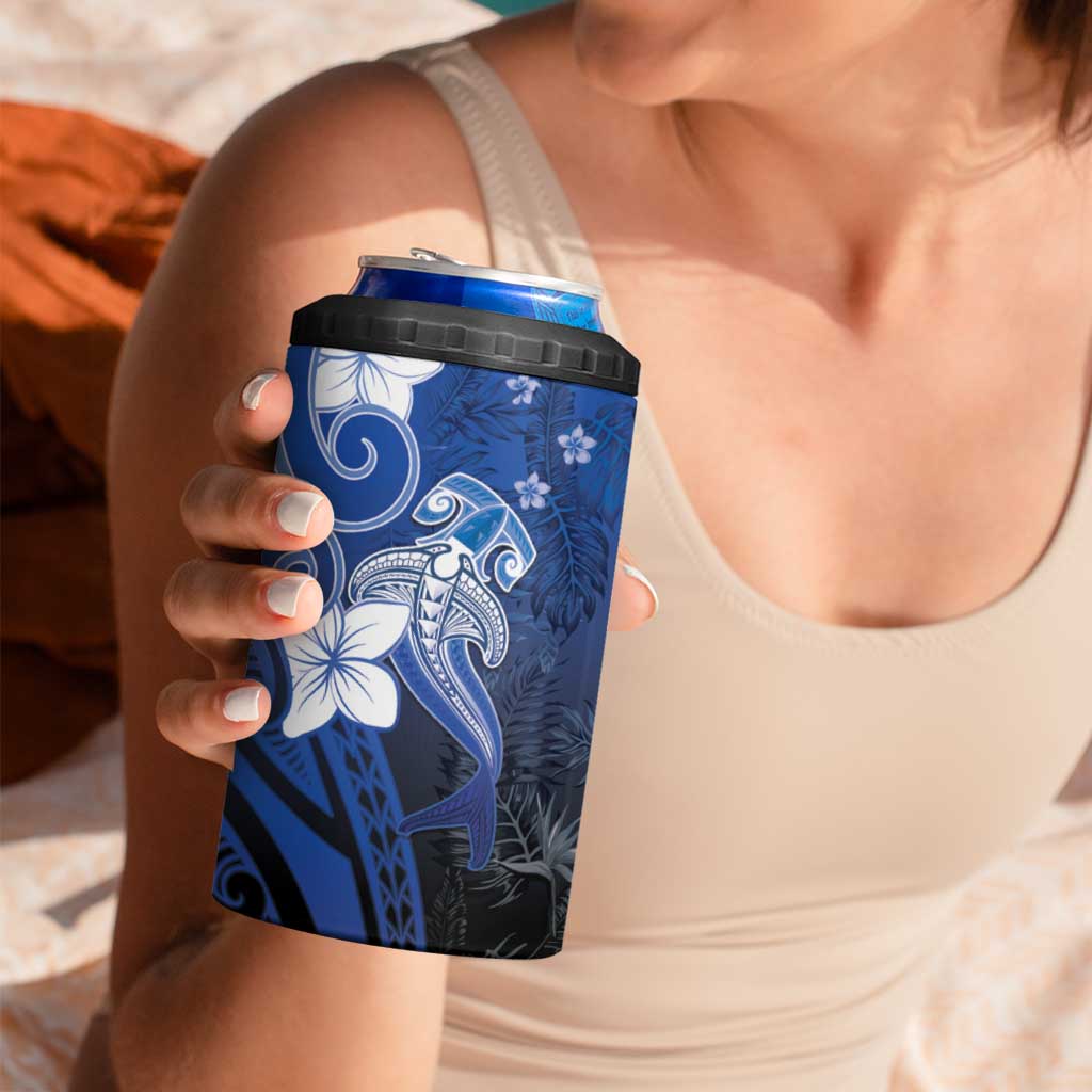 Polynesia Hammerhead Shark 4 in 1 Can Cooler Tumbler Blue Tribal Pattern With Plumeria - Polynesian Pride