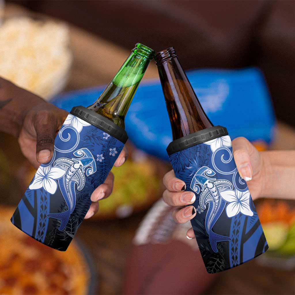 Polynesia Hammerhead Shark 4 in 1 Can Cooler Tumbler Blue Tribal Pattern With Plumeria - Polynesian Pride