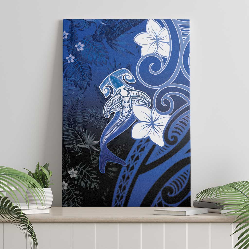 Polynesia Hammerhead Shark Canvas Wall Art Blue Tribal Pattern With Plumeria LT05 - Polynesian Pride