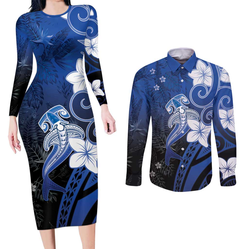Polynesia Hammerhead Shark Couples Matching Long Sleeve Bodycon Dress and Long Sleeve Button Shirt Blue Tribal Pattern With Plumeria LT05 Blue - Polynesian Pride