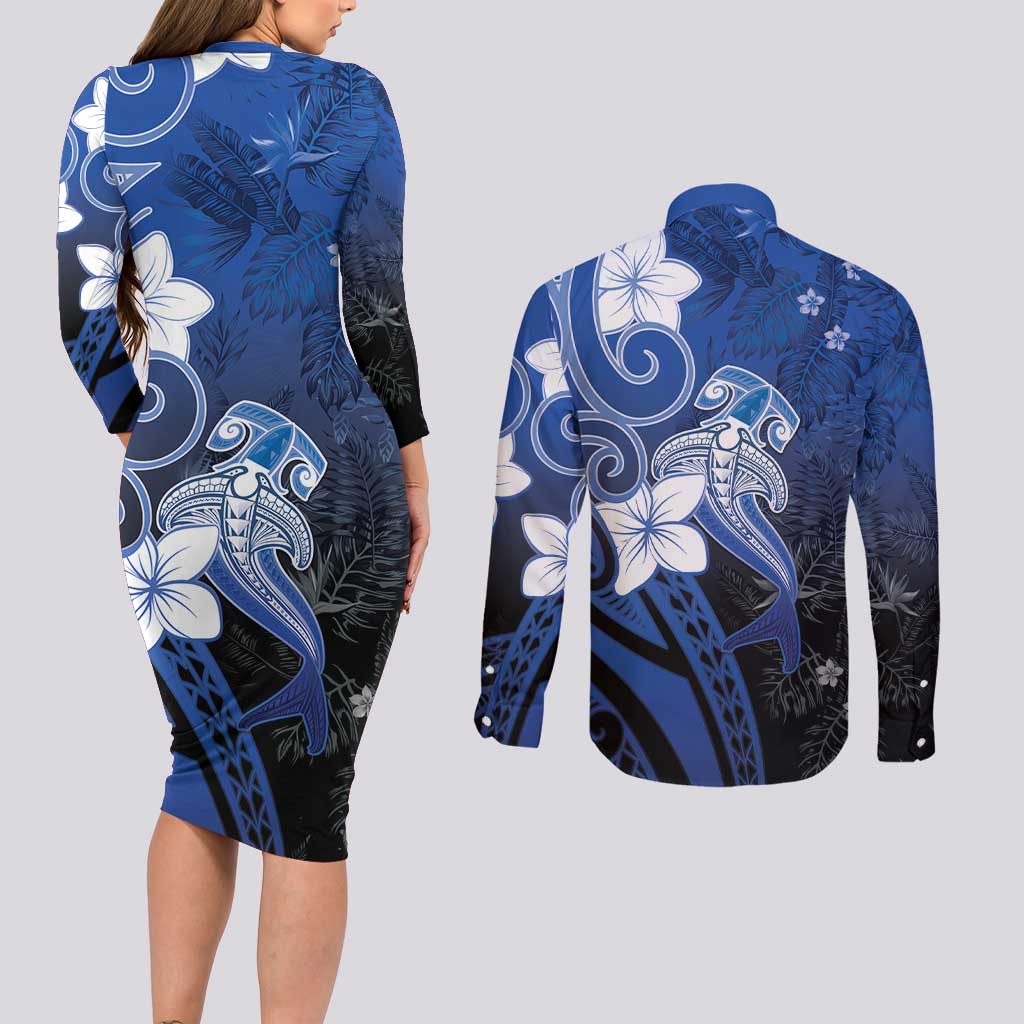 Polynesia Hammerhead Shark Couples Matching Long Sleeve Bodycon Dress and Long Sleeve Button Shirt Blue Tribal Pattern With Plumeria - Polynesian Pride