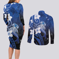 Polynesia Hammerhead Shark Couples Matching Long Sleeve Bodycon Dress and Long Sleeve Button Shirt Blue Tribal Pattern With Plumeria - Polynesian Pride