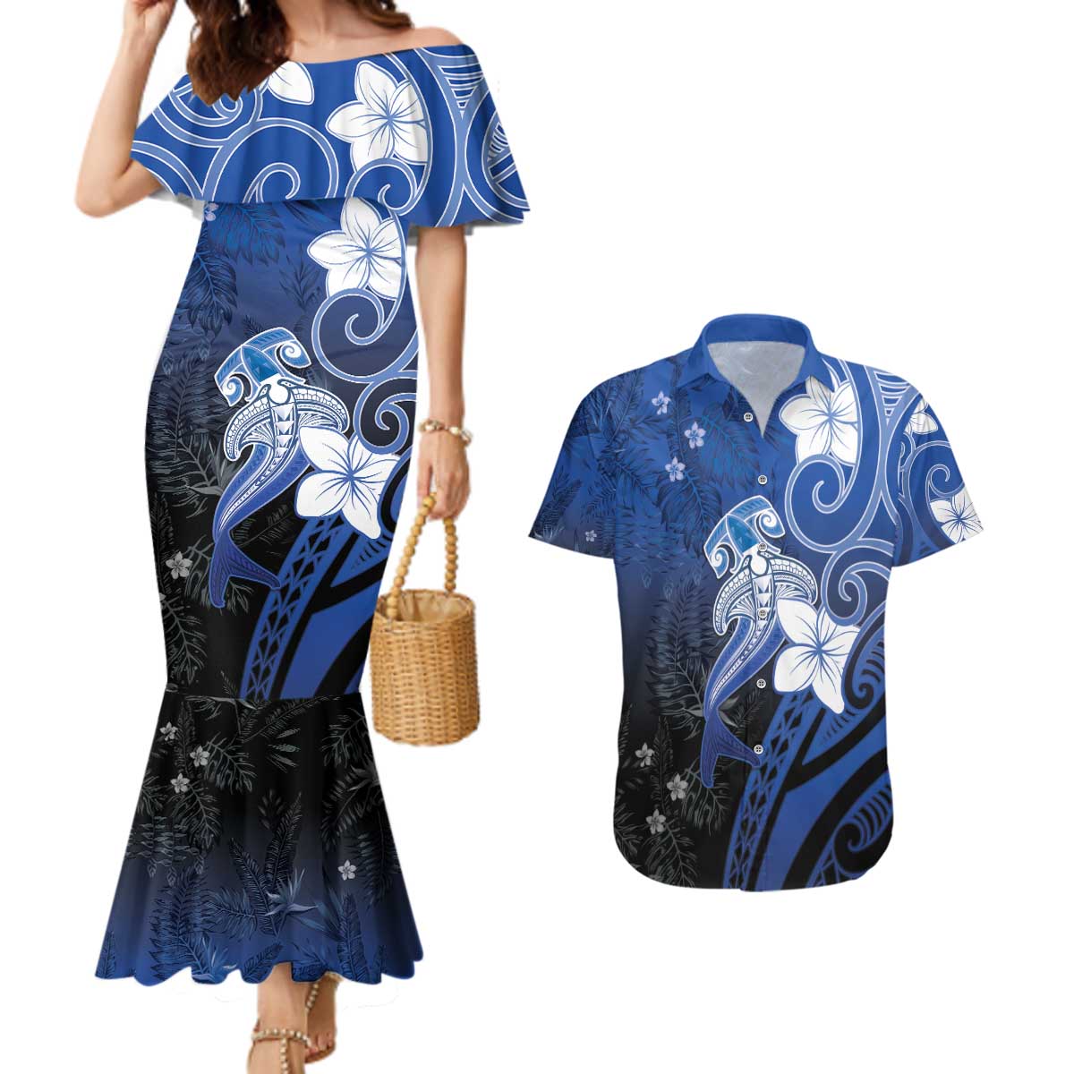 Polynesia Hammerhead Shark Couples Matching Mermaid Dress and Hawaiian Shirt Blue Tribal Pattern With Plumeria LT05 Blue - Polynesian Pride