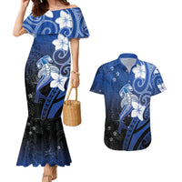 Polynesia Hammerhead Shark Couples Matching Mermaid Dress and Hawaiian Shirt Blue Tribal Pattern With Plumeria LT05 Blue - Polynesian Pride