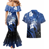 Polynesia Hammerhead Shark Couples Matching Mermaid Dress and Hawaiian Shirt Blue Tribal Pattern With Plumeria LT05 - Polynesian Pride