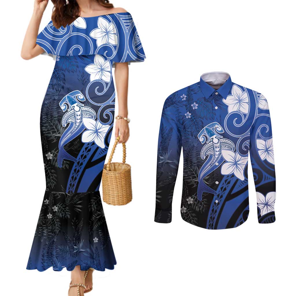 Polynesia Hammerhead Shark Couples Matching Mermaid Dress and Long Sleeve Button Shirt Blue Tribal Pattern With Plumeria LT05 Blue - Polynesian Pride