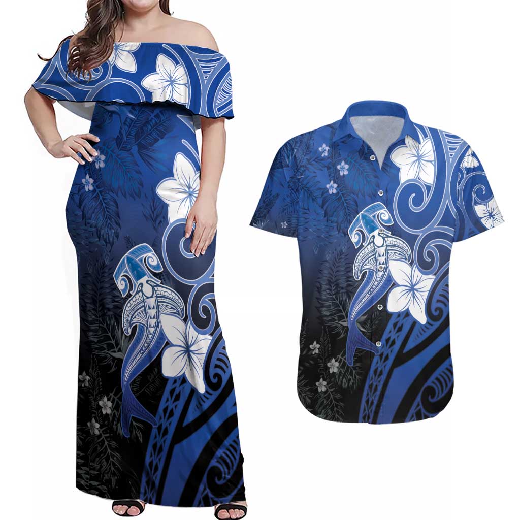 Polynesia Hammerhead Shark Couples Matching Off Shoulder Maxi Dress and Hawaiian Shirt Blue Tribal Pattern With Plumeria LT05 Blue - Polynesian Pride