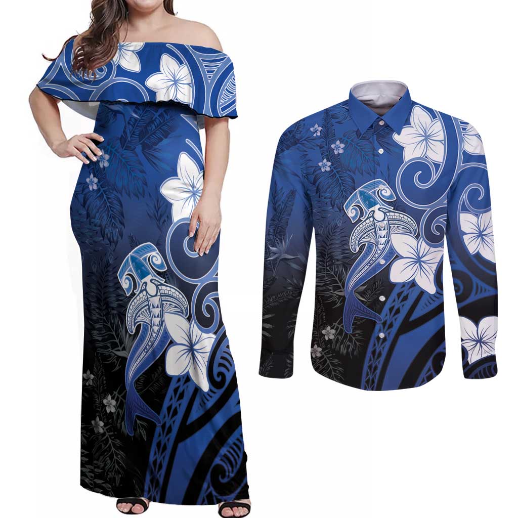 Polynesia Hammerhead Shark Couples Matching Off Shoulder Maxi Dress and Long Sleeve Button Shirt Blue Tribal Pattern With Plumeria LT05 Blue - Polynesian Pride