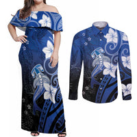 Polynesia Hammerhead Shark Couples Matching Off Shoulder Maxi Dress and Long Sleeve Button Shirt Blue Tribal Pattern With Plumeria LT05 Blue - Polynesian Pride