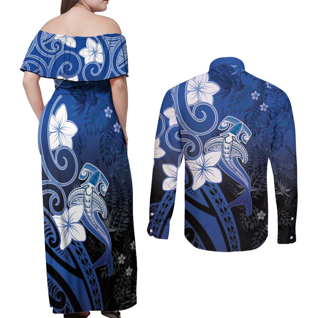Polynesia Hammerhead Shark Couples Matching Off Shoulder Maxi Dress and Long Sleeve Button Shirt Blue Tribal Pattern With Plumeria LT05 - Polynesian Pride
