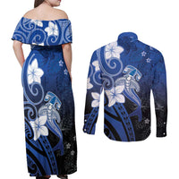 Polynesia Hammerhead Shark Couples Matching Off Shoulder Maxi Dress and Long Sleeve Button Shirt Blue Tribal Pattern With Plumeria LT05 - Polynesian Pride