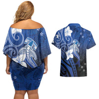 Polynesia Hammerhead Shark Couples Matching Off Shoulder Short Dress and Hawaiian Shirt Blue Tribal Pattern With Plumeria LT05 - Polynesian Pride