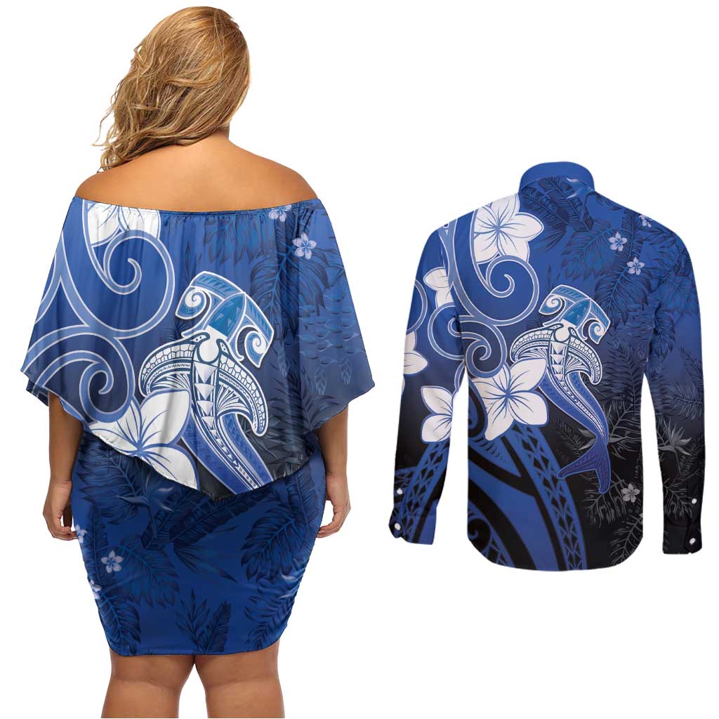 Polynesia Hammerhead Shark Couples Matching Off Shoulder Short Dress and Long Sleeve Button Shirt Blue Tribal Pattern With Plumeria - Polynesian Pride