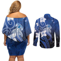Polynesia Hammerhead Shark Couples Matching Off Shoulder Short Dress and Long Sleeve Button Shirt Blue Tribal Pattern With Plumeria - Polynesian Pride