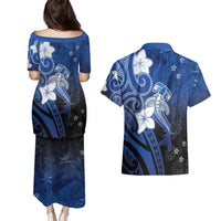Polynesia Hammerhead Shark Couples Matching Puletasi and Hawaiian Shirt Blue Tribal Pattern With Plumeria LT05 - Polynesian Pride
