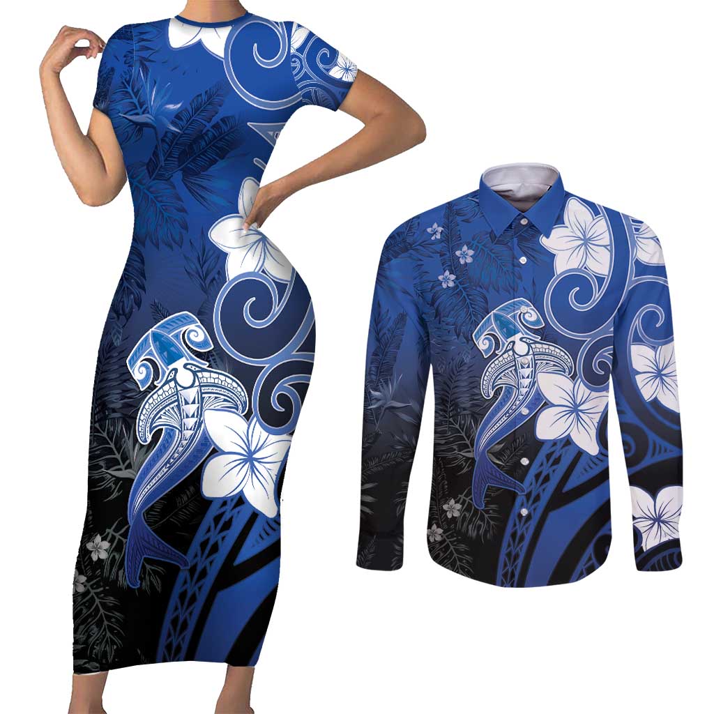 Polynesia Hammerhead Shark Couples Matching Short Sleeve Bodycon Dress and Long Sleeve Button Shirt Blue Tribal Pattern With Plumeria LT05 Blue - Polynesian Pride