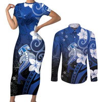 Polynesia Hammerhead Shark Couples Matching Short Sleeve Bodycon Dress and Long Sleeve Button Shirt Blue Tribal Pattern With Plumeria LT05 Blue - Polynesian Pride