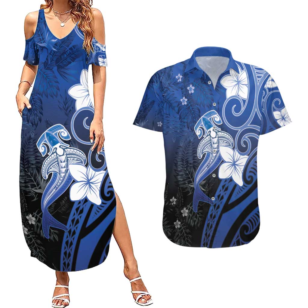 Polynesia Hammerhead Shark Couples Matching Summer Maxi Dress and Hawaiian Shirt Blue Tribal Pattern With Plumeria LT05 Blue - Polynesian Pride