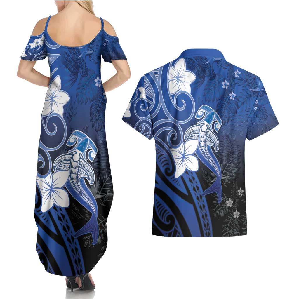 Polynesia Hammerhead Shark Couples Matching Summer Maxi Dress and Hawaiian Shirt Blue Tribal Pattern With Plumeria LT05 - Polynesian Pride