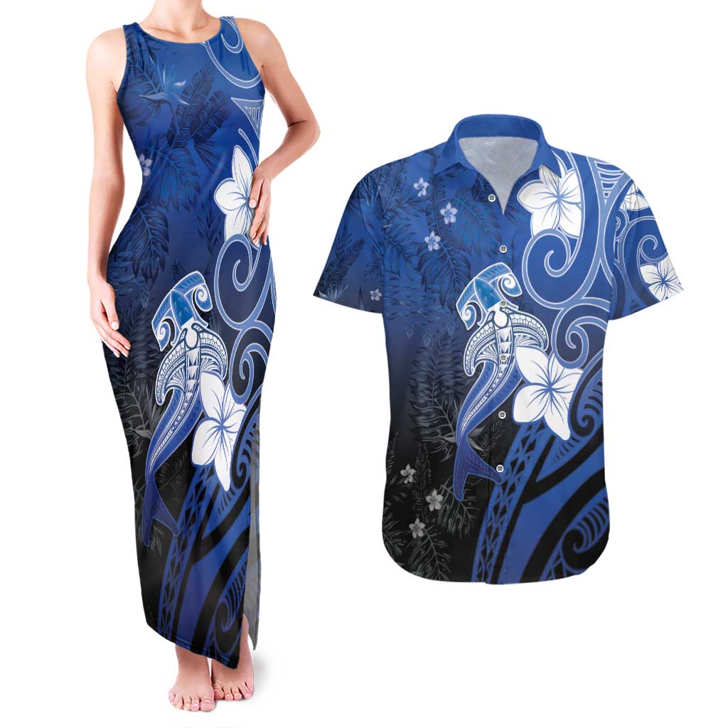 Polynesia Hammerhead Shark Couples Matching Tank Maxi Dress and Hawaiian Shirt Blue Tribal Pattern With Plumeria LT05 Blue - Polynesian Pride
