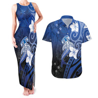 Polynesia Hammerhead Shark Couples Matching Tank Maxi Dress and Hawaiian Shirt Blue Tribal Pattern With Plumeria LT05 Blue - Polynesian Pride