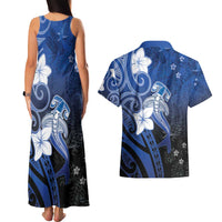 Polynesia Hammerhead Shark Couples Matching Tank Maxi Dress and Hawaiian Shirt Blue Tribal Pattern With Plumeria LT05 - Polynesian Pride