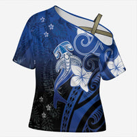 Polynesia Hammerhead Shark Cross Shoulder Shirt Blue Tribal Pattern With Plumeria LT05 Female Blue - Polynesian Pride