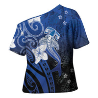 Polynesia Hammerhead Shark Cross Shoulder Shirt Blue Tribal Pattern With Plumeria LT05 - Polynesian Pride