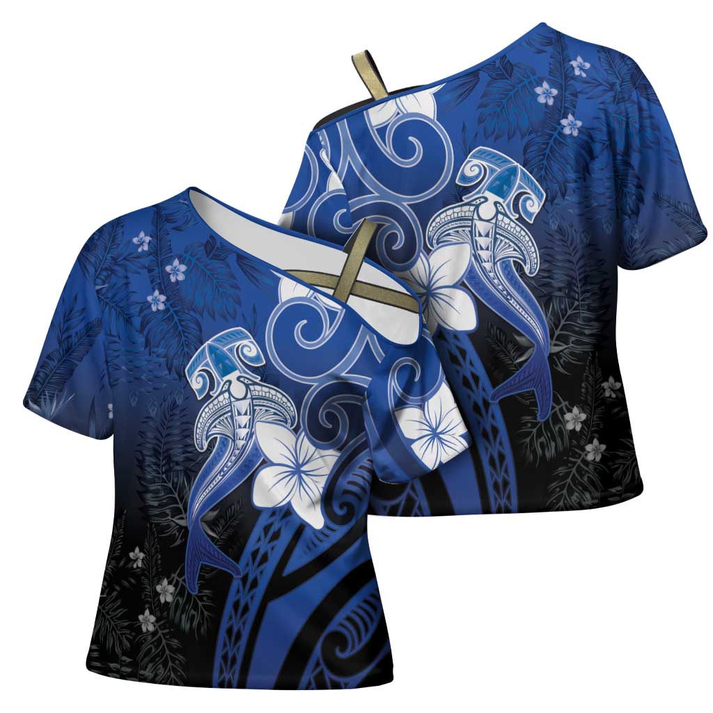 Polynesia Hammerhead Shark Cross Shoulder Shirt Blue Tribal Pattern With Plumeria LT05 - Polynesian Pride