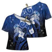 Polynesia Hammerhead Shark Cross Shoulder Shirt Blue Tribal Pattern With Plumeria LT05 - Polynesian Pride