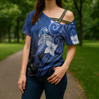 Polynesia Hammerhead Shark Cross Shoulder Shirt Blue Tribal Pattern With Plumeria LT05 - Polynesian Pride