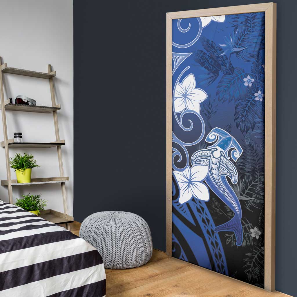 Polynesia Hammerhead Shark Door Cover Blue Tribal Pattern With Plumeria - Polynesian Pride