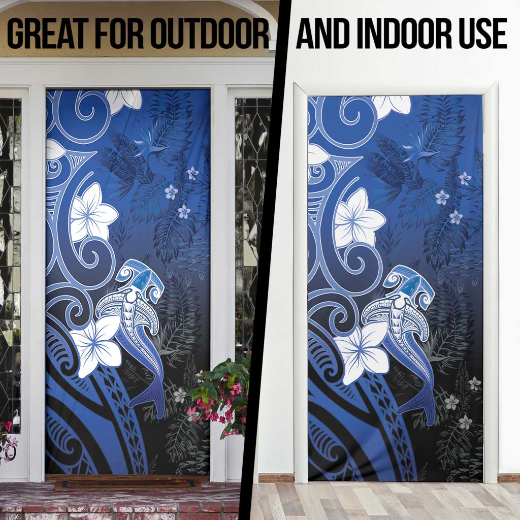 Polynesia Hammerhead Shark Door Cover Blue Tribal Pattern With Plumeria - Polynesian Pride