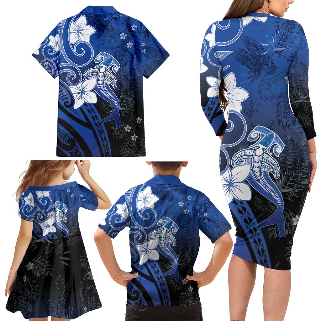 Polynesia Hammerhead Shark Family Matching Long Sleeve Bodycon Dress and Hawaiian Shirt Blue Tribal Pattern With Plumeria - Polynesian Pride